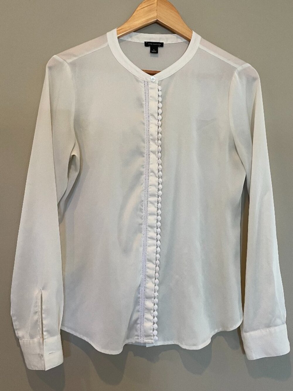 Ann Taylor Cream Blouse Pom Pom Trim Band Collar Long Sleeve S